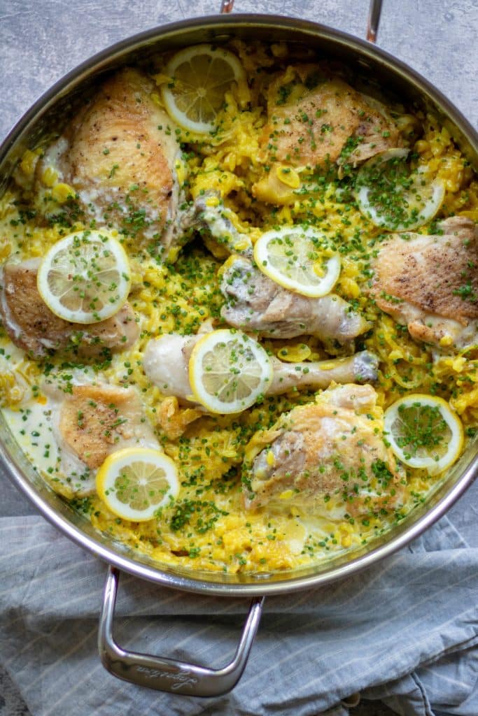 crispy chicken and lemon turmeric rice