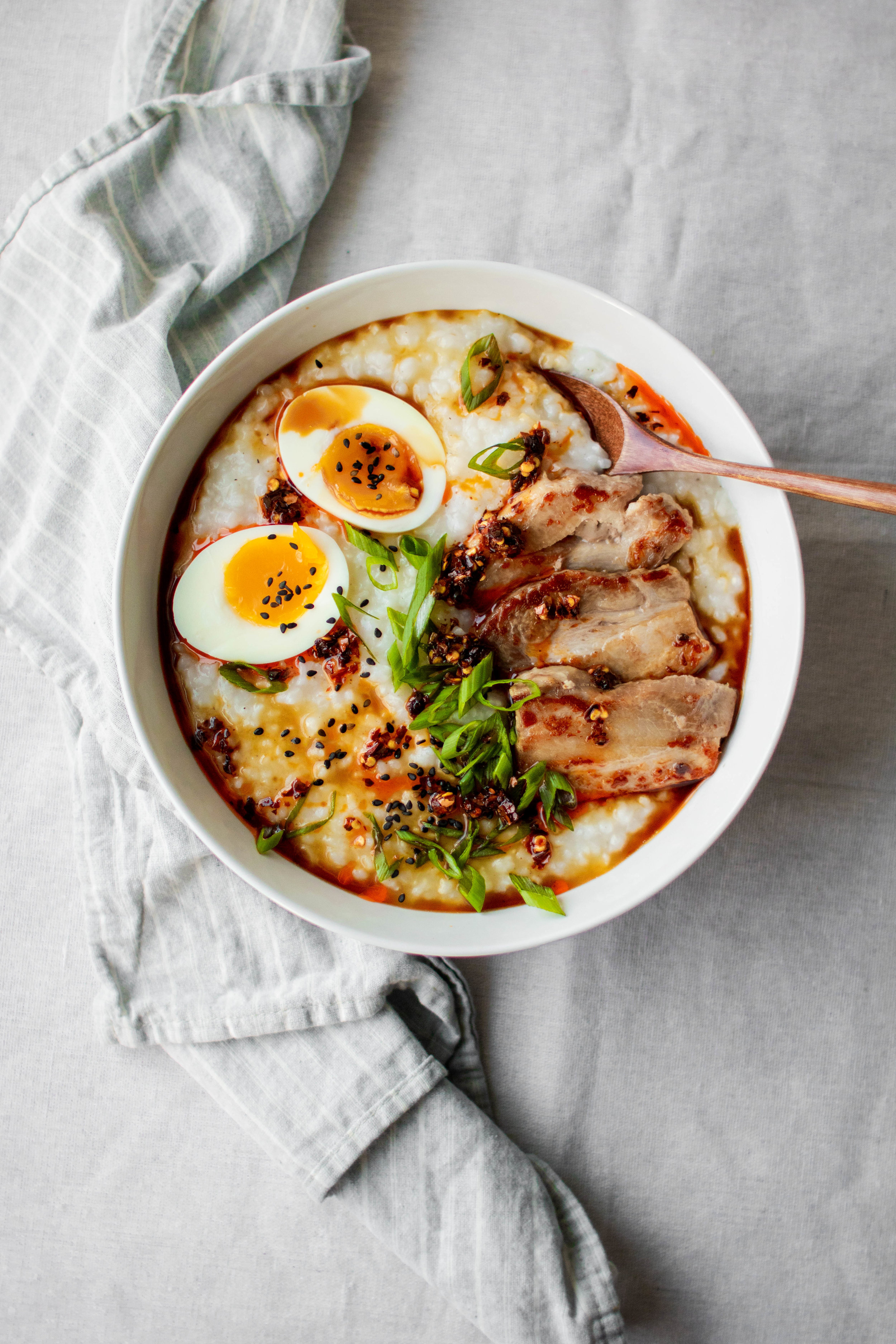 classic congee with pork belly, egg and scallion | So Much Food