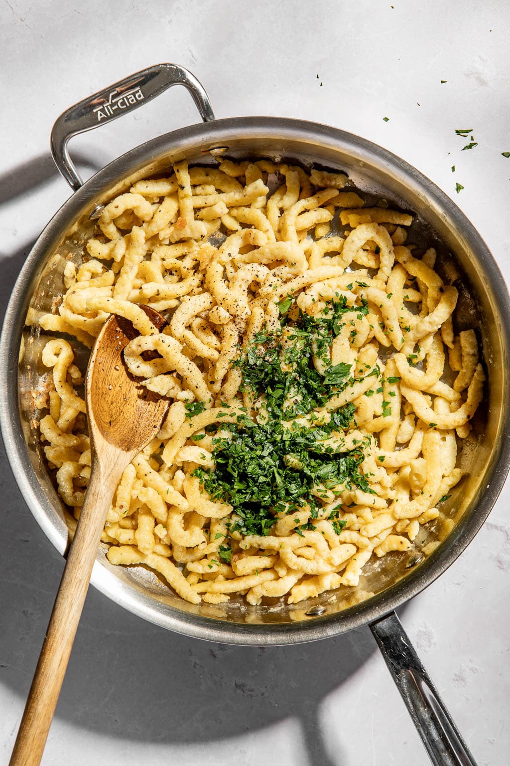 spaetzle after being cooked in brown butter