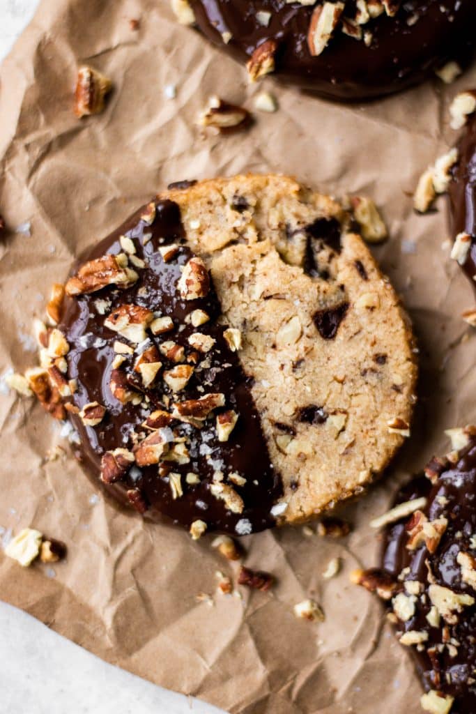 slice + bake pecan chocolate chunk shortbread cookies