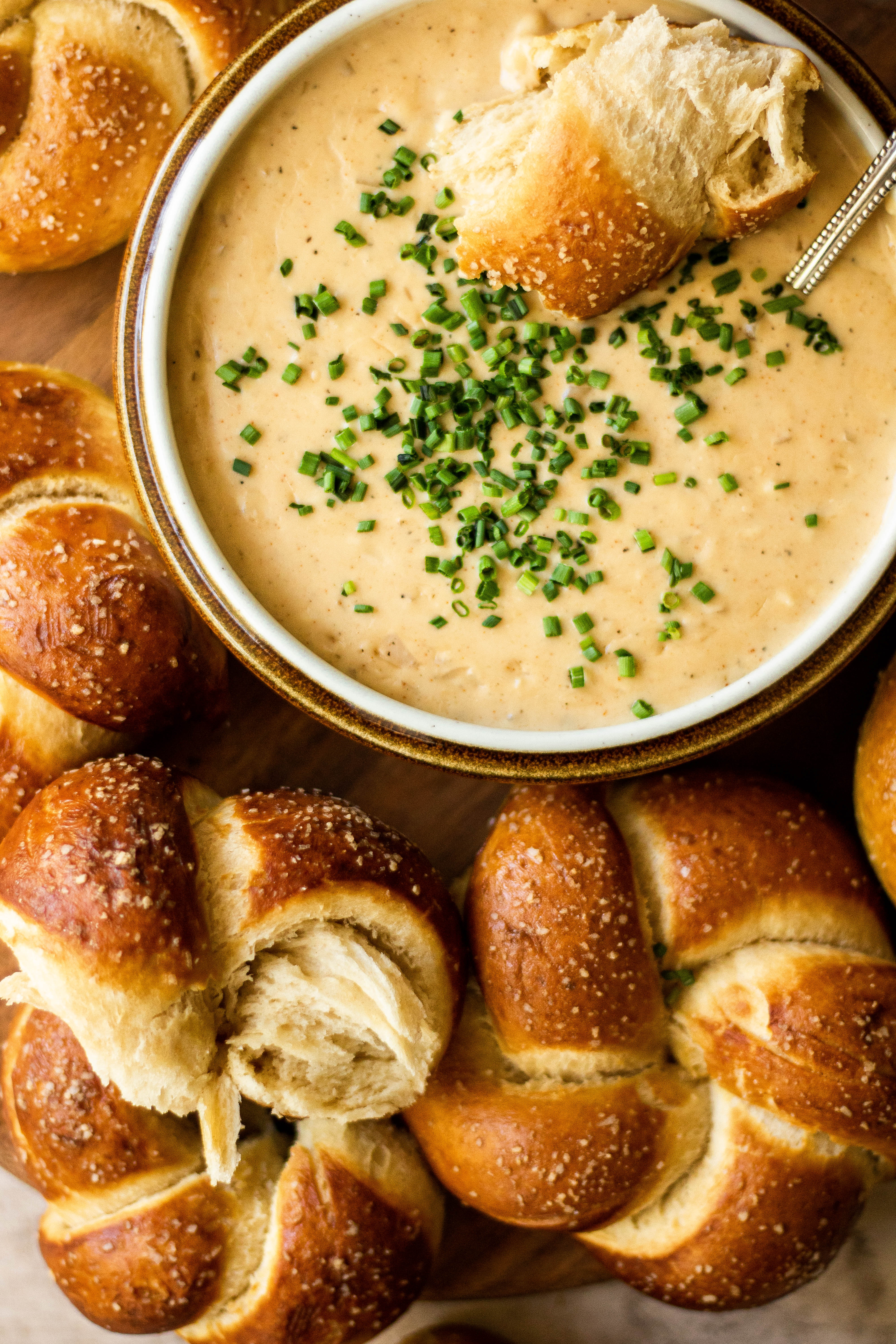 Soft Pretzel Bites with Smoked Gouda Cheese Dip.