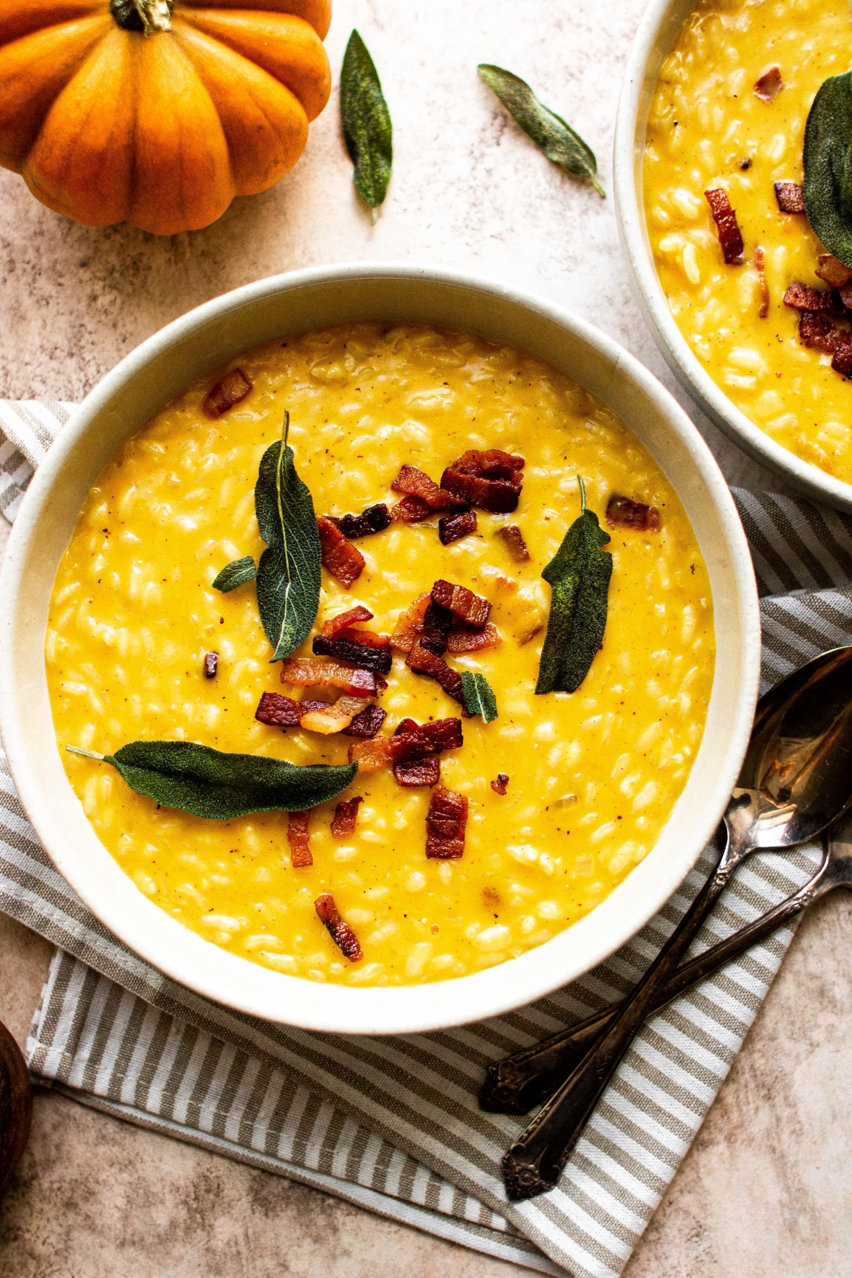 pumpkin risotto with bacon and sage on top
