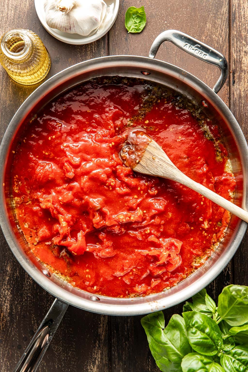 pizza sauce in a skillet before simmering