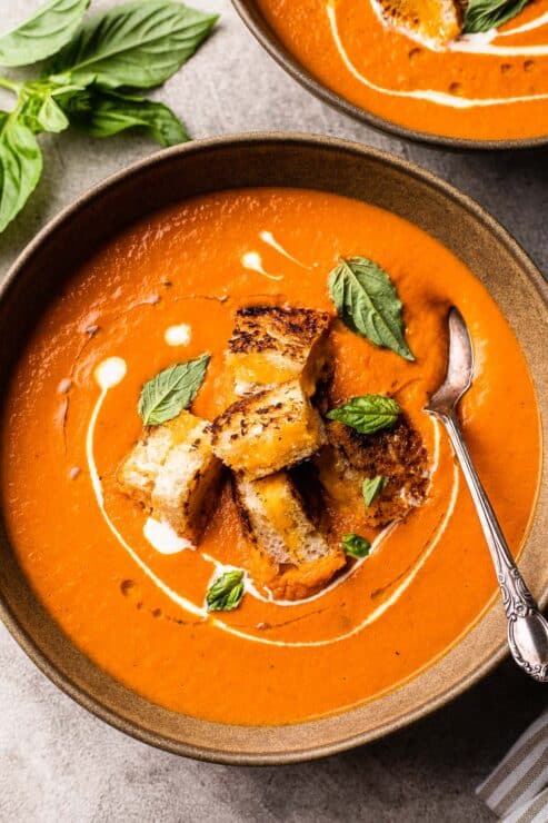 Classic Tomato Soup with Grilled Cheese Croutons