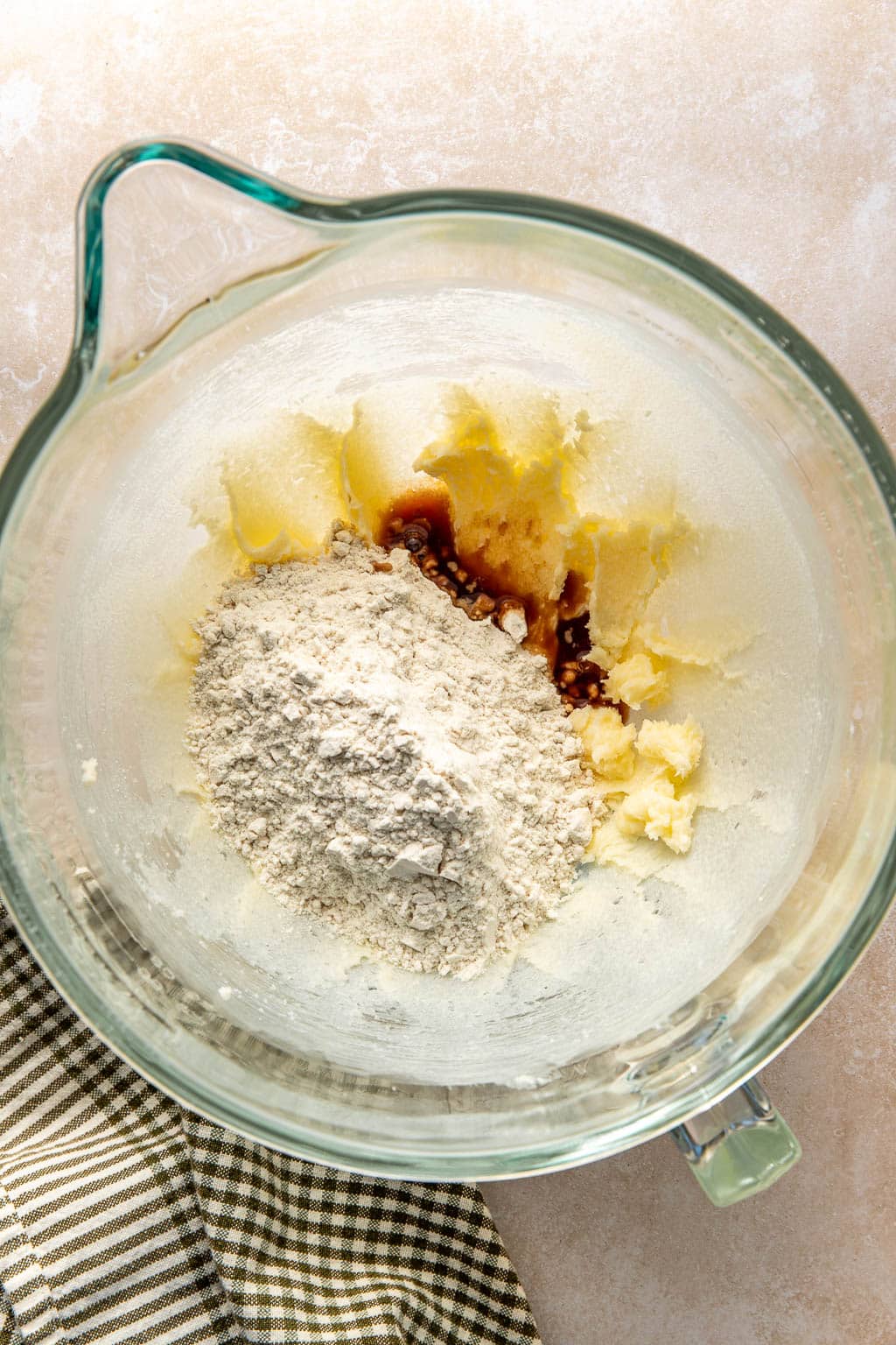 Ingredients for shortbread crust in mixing bowl. 