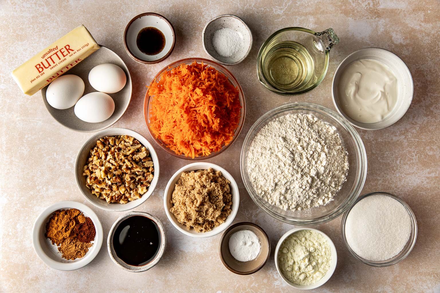 brown butter carrot cake ingredients laid out.