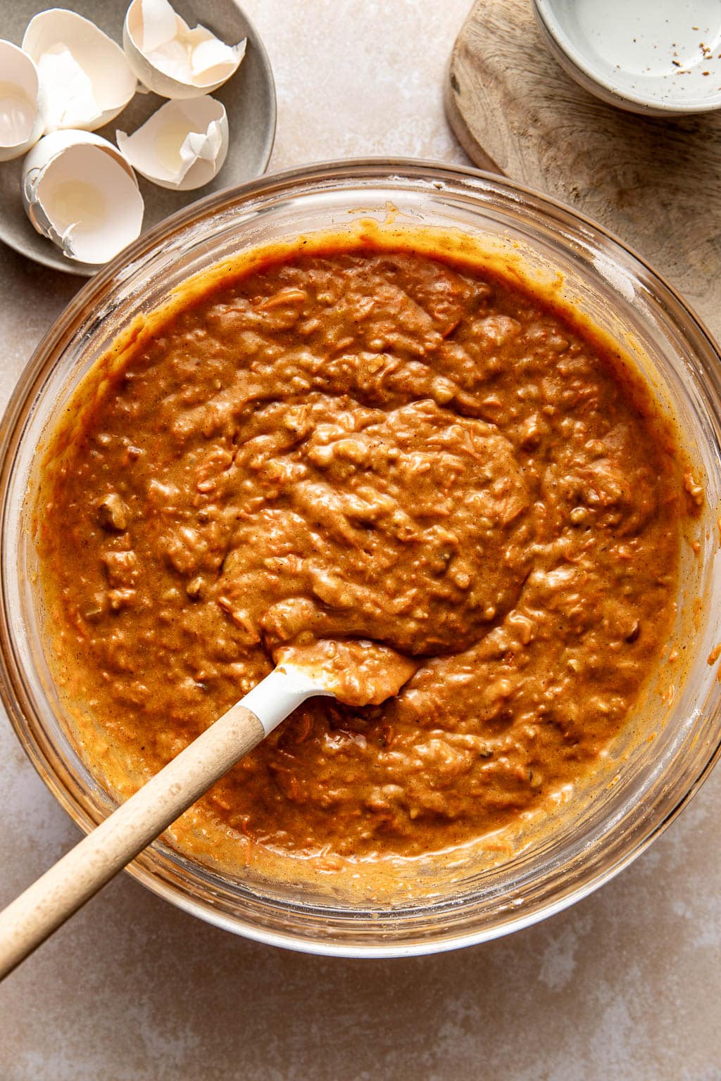 cake batter in a mixing bowl after mixing. 
