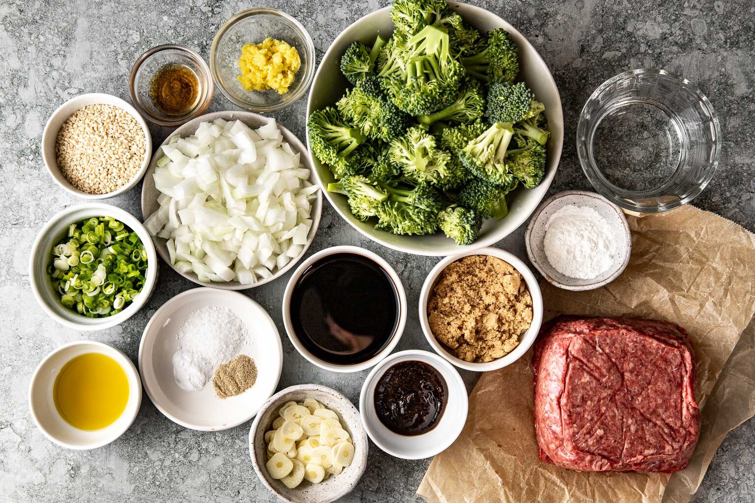 Ground beef and broccoli ingredients laid out