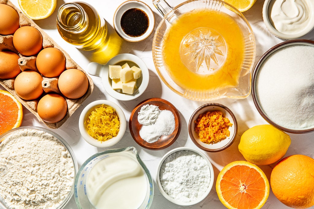 Citrus olive oil cake ingredients laid out