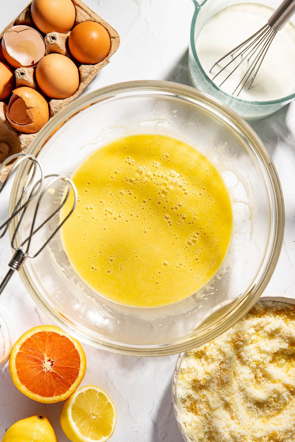 eggs and olive oil after being mixed until emulsified