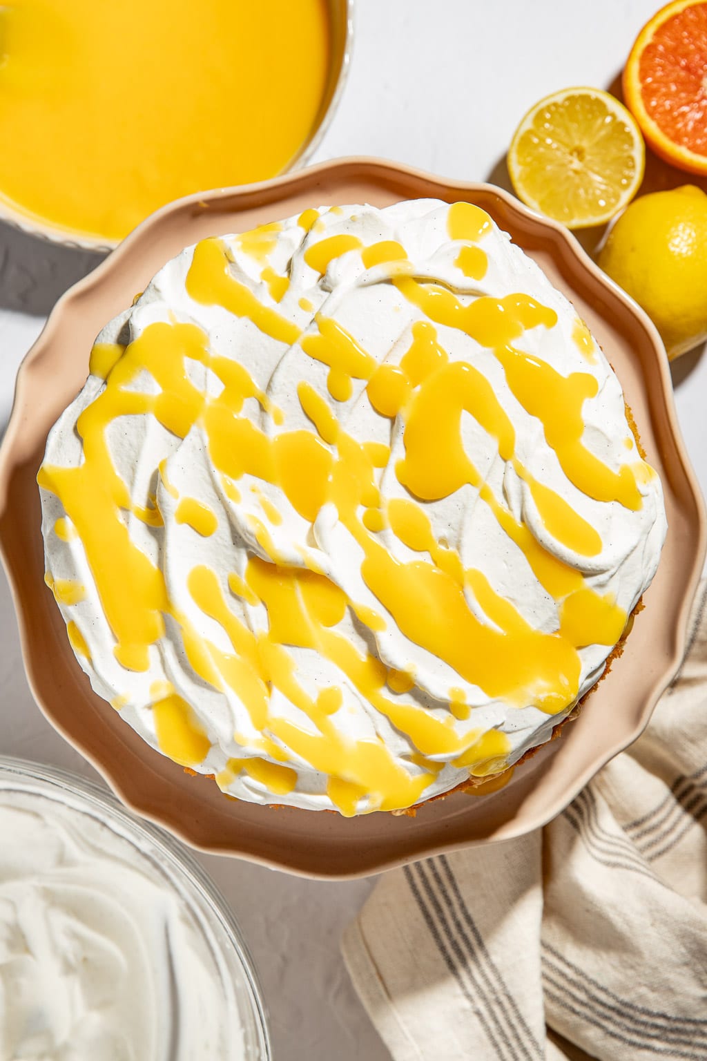 citrus olive oil cake with whipped cream and citrus curd