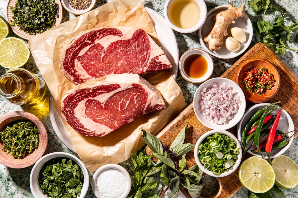 Steak with Thai Chimichurri ingredients laid out