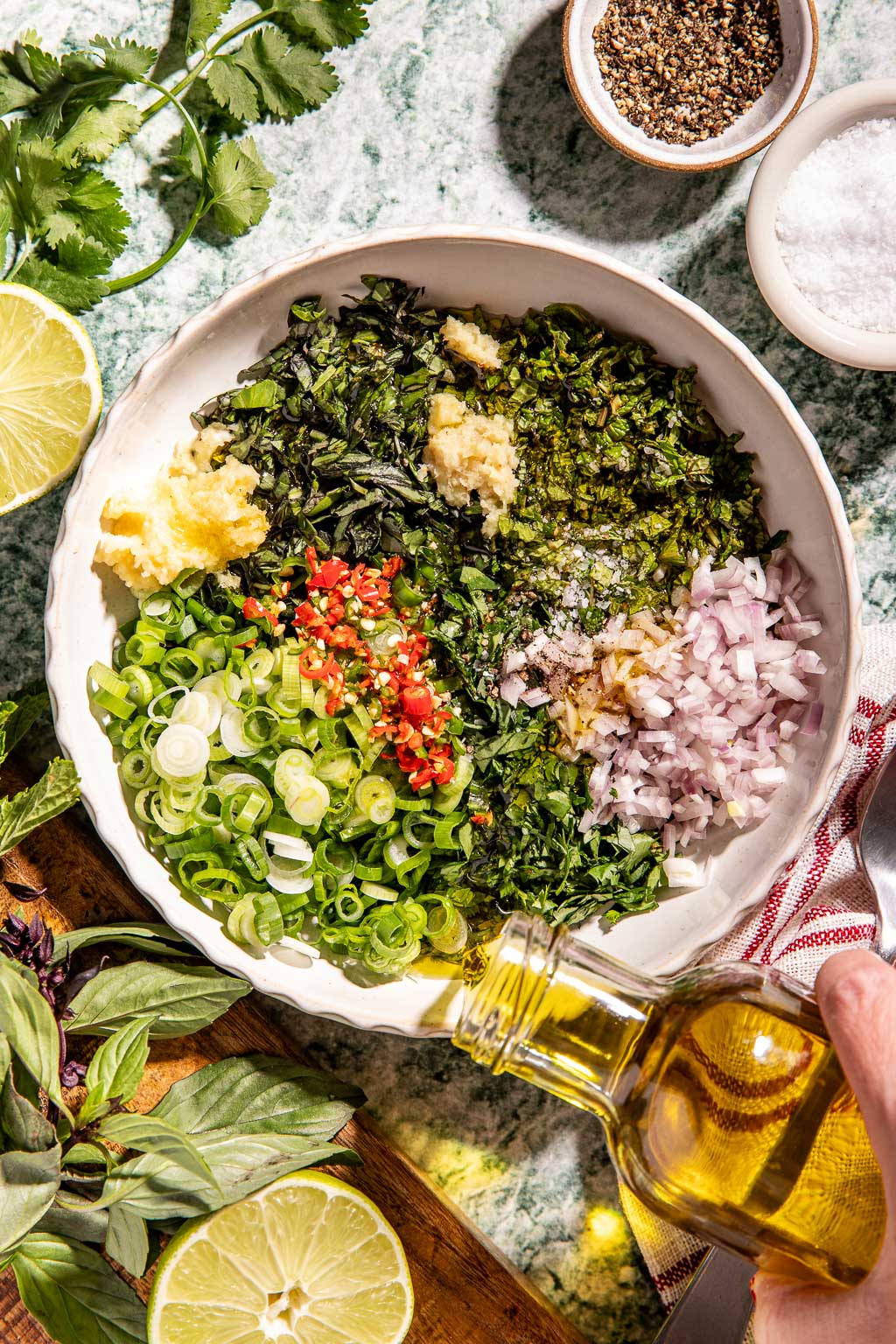 Thai chimichurri ingredients in a bowl before mixing
