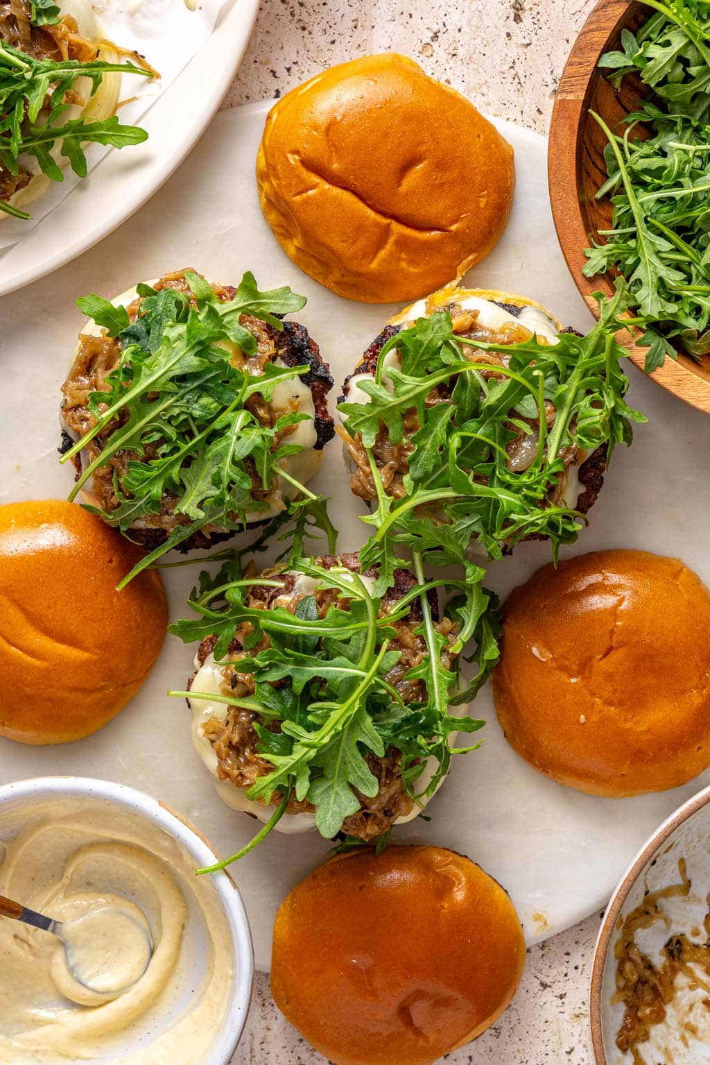 assembled french onion burgers