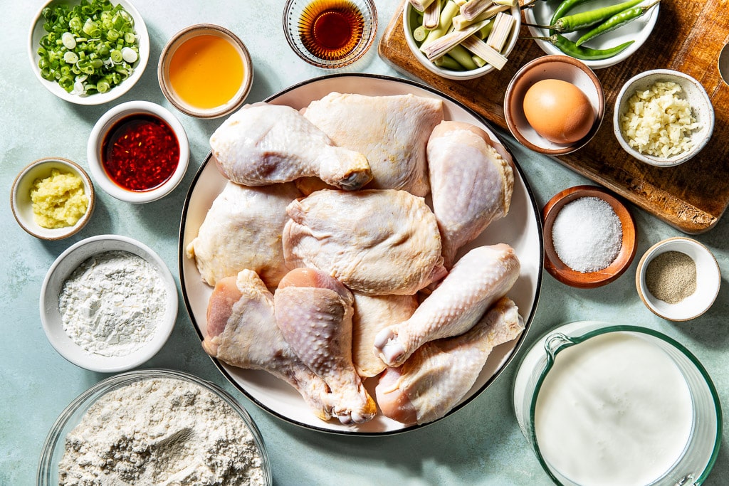 lemongrass fried chicken ingredients laid out