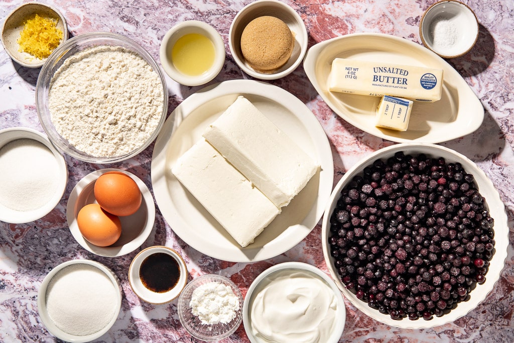 wild blueberry cheesecake bars ingredients laid out