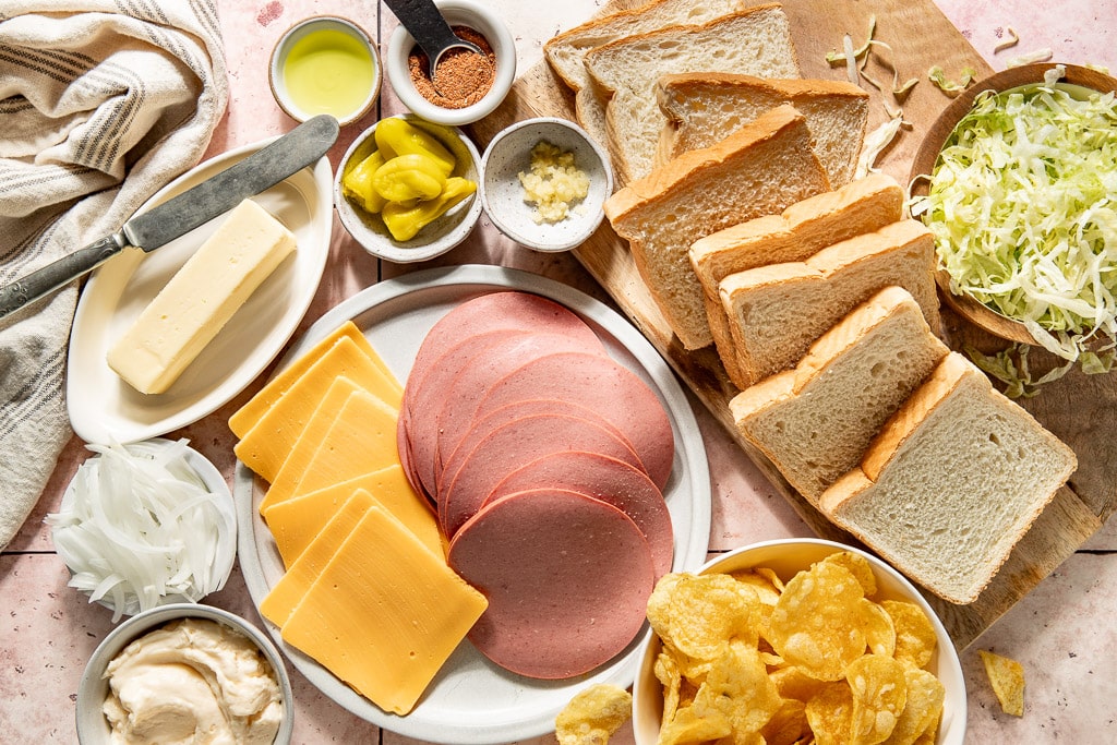 fried bologna sandwiches ingredients laid out