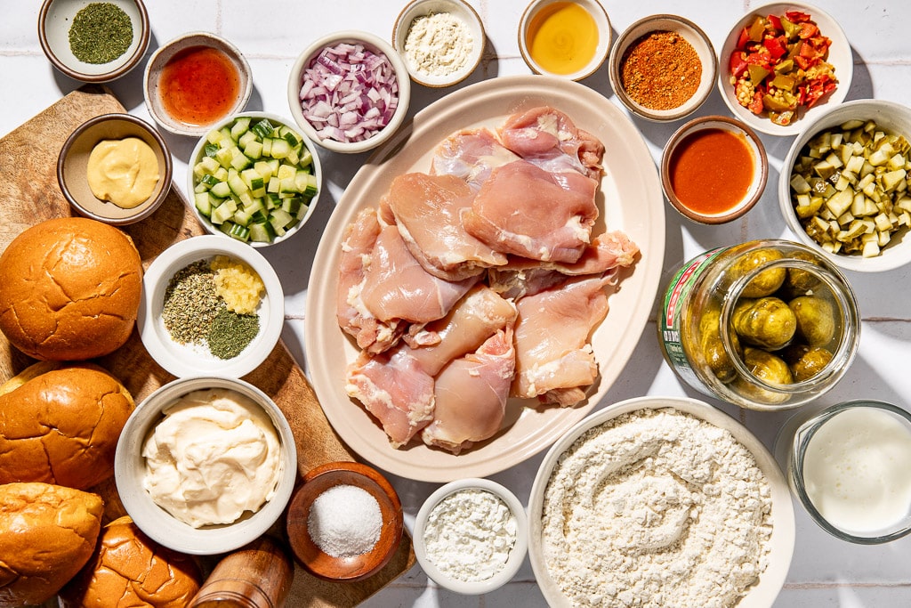 pickle-brined fried chicken sandwich ingredients laid out