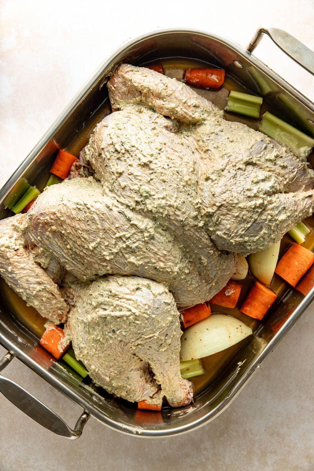 a mayo rubbed turkey, ready for roasting 