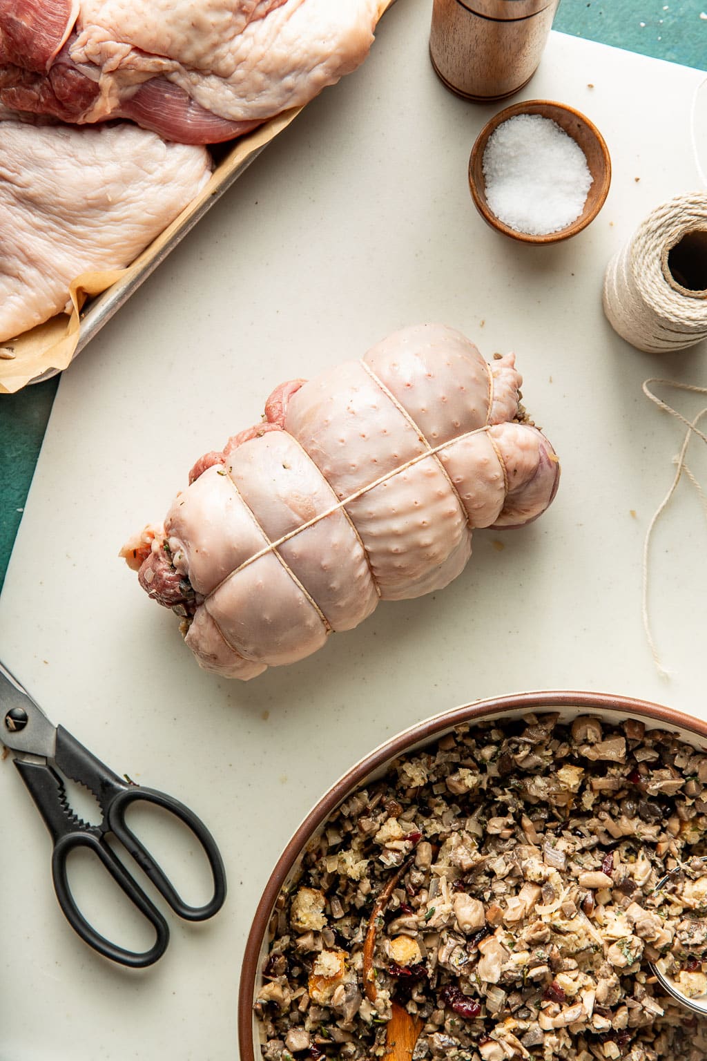 a trussed, stuffed turkey thigh