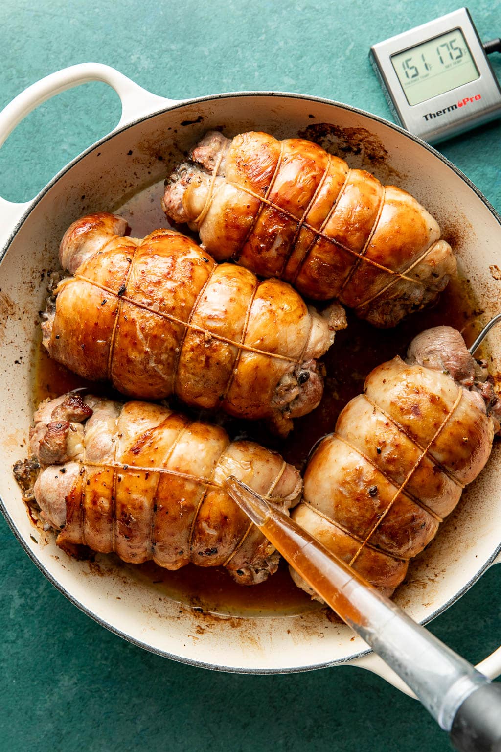 basting turkey roulades with pan drippings