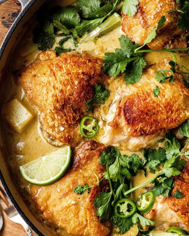 A simple cozy one-pan meal: this coconut milk braised chicken! Crispy chicken thighs slowly cook in a yellow coconut curry sauce with potatoes. Serve over steamed rice with lots of fresh herbs 🙌🏻

Search ‘coconut’ at the link in my profile or google ‘so much food coconut chicken’ for the full recipe. 
•
•
•
•
•
#chickenrecipes #chickenrecipe #braised #braising #dairyfree #glutenfreefood #glutenfree #onepanmeal #onepandinner #onepan #quickdinner #easyrecipes #f52grams #f52community